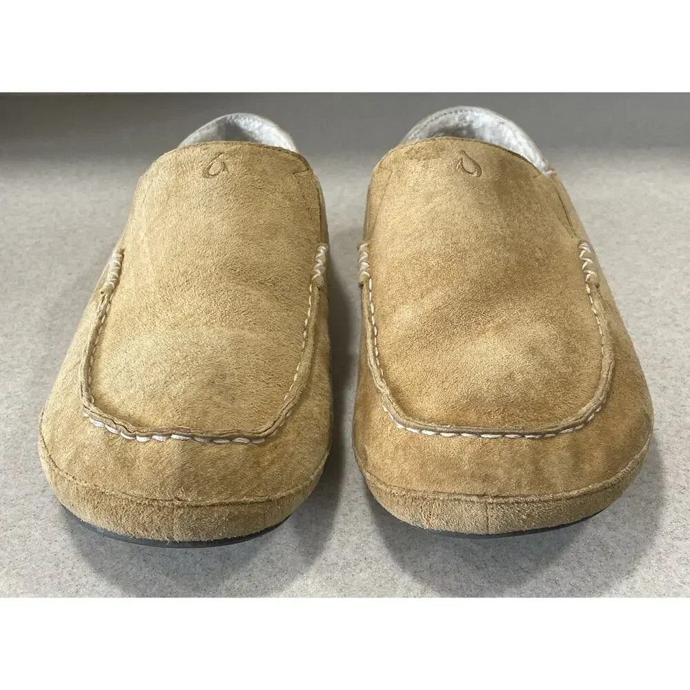Olukai Moloa Slipper Men's Size 12 Beige Leather, Sheep Fur Lining, Drop In Heel